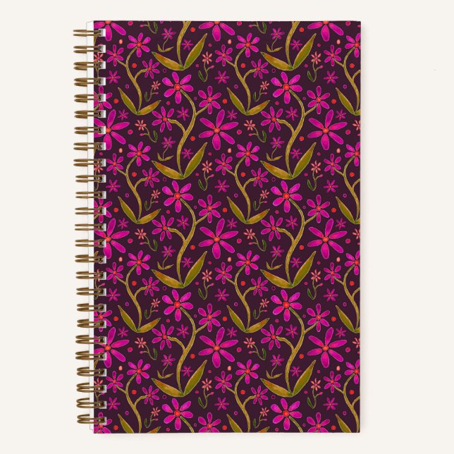 Fuchsia | Dancing Watercolor Daisies Notizbuch (Vorderseite)