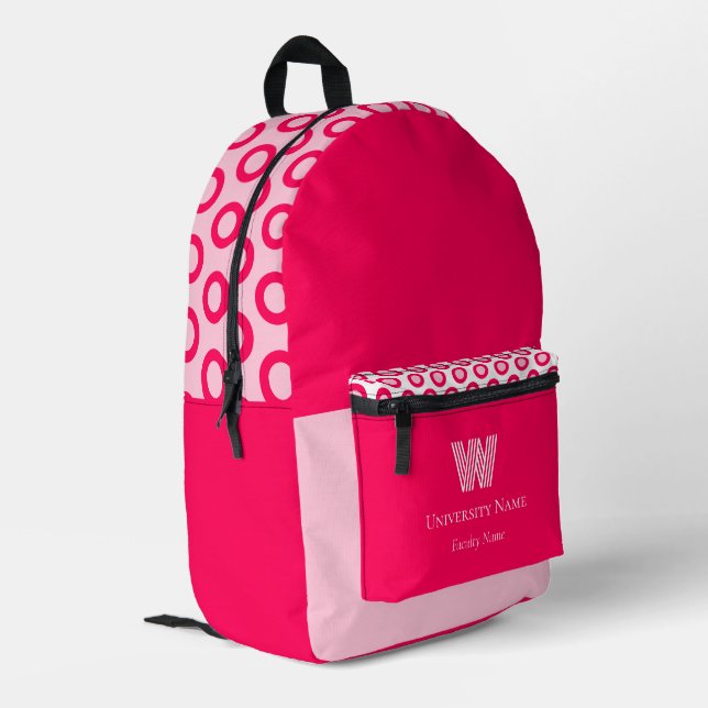 Fuchsia Dots Fantasy Student Monogram Bedruckter Rucksack (Rückseitige Ecke links)