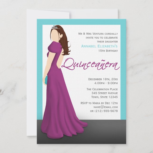 Fuchsia Dress Tiara Turquoise Quinceañera Einladung (Vorderseite)