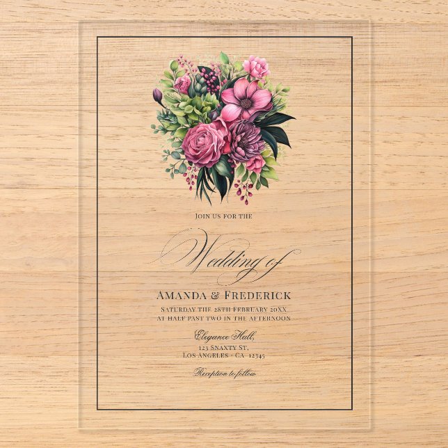 Fuchsia, Emerald Green und Black Floral Wedding Acryleinladungen (Vorderseite)