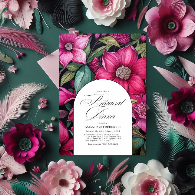 Fuchsia, Emerald Green und Black Probe Dinner Einladung (Fuchsia, Emerald Green and Black Rehearsal Dinner Invitation)