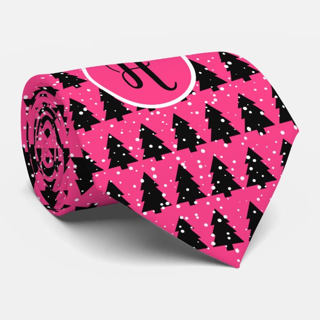 Fuchsia Et Noir Monogramme Cravate Arbre De Noël (Roulé)