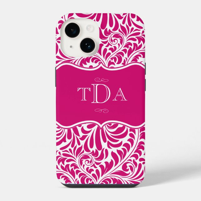 Fuchsia-Farb-Damaskus-Musterdesign monogrammiert C iPhone 14 Hülle (Rückseite)