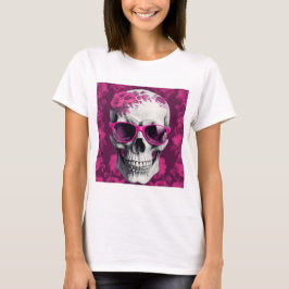 Fuchsia Floral 3D Dead Skull mit Sonnenbrille T-Shirt