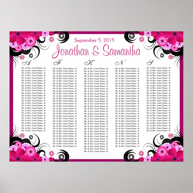 Fuchsia Floral A to Z Hochzeitstisch-Übersicht Poster (Vorne)