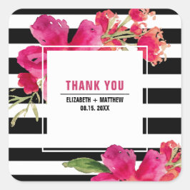 Fuchsia Floral Black Stripes Wedding Vielen Dank Quadratischer Aufkleber