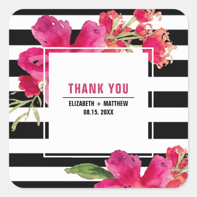 Fuchsia Floral Black Stripes Wedding Vielen Dank Quadratischer Aufkleber (Vorderseite)