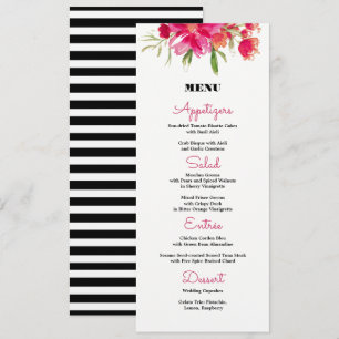 Fuchsia Floral Black Stripes Wedelkarten Menükarte