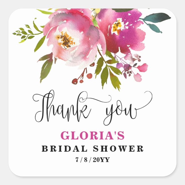 Fuchsia Floral  Bridal Shower  Quadratischer Aufkleber (Vorderseite)