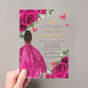 Fuchsia Floral Brown Prinzessin Quinceañera Sweet  Acryleinladungen