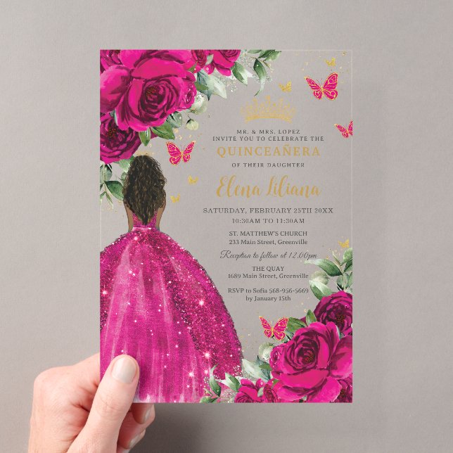 Fuchsia Floral Brown Prinzessin Quinceañera Sweet  Acryleinladungen (Insitu (Handheld))