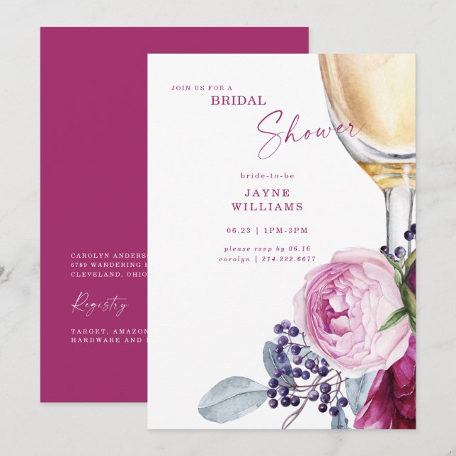 Fuchsia Floral Champagne Elegantes Brautparty Einladung (Vorne/Hinten)