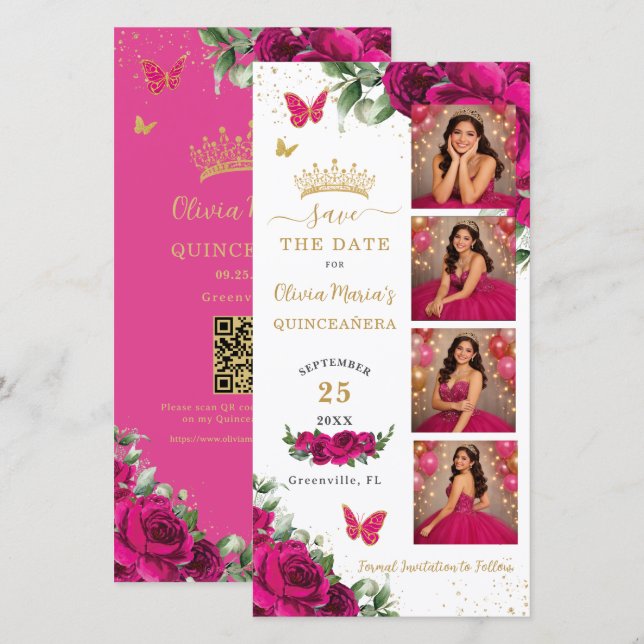 Fuchsia Floral Photo Booth Quinceanera QR code Save The Date (Vorne/Hinten)