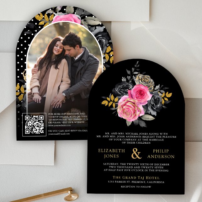 Fuchsia Floral Rose QR Code Foto Black Wedding Einladung (Von Creator hochgeladen)