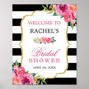 Fuchsia Floral Schwarze Streifen Brautparty-Schild Poster