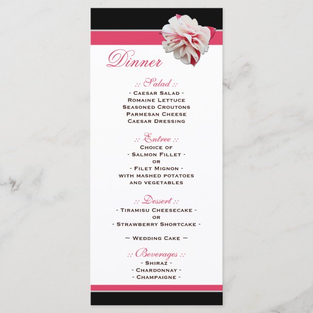 Fuchsia Flower Pink & Black Wedding Reception Menu (Devant)