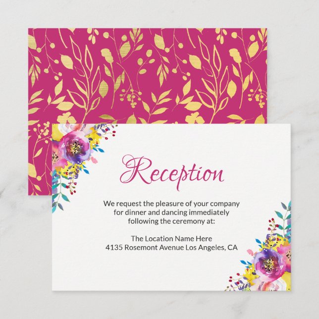Fuchsia Gold Blossom Floral Wedding Card Begleitkarte (Vorne/Hinten)