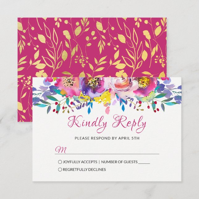 Fuchsia Gold Blossom Floral Wedding RSVP (Vorne/Hinten)