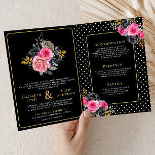 Fuchsia Gold Florale Rosen Alles in Einem Schwarze Einladung