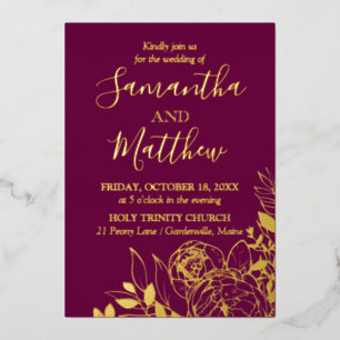 Fuchsia & Gold Peony Moderne Blumenhochzeit Folieneinladung