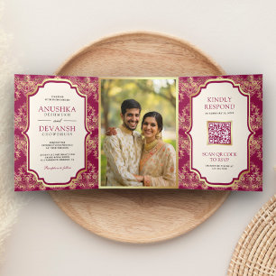 Fuchsia Gold-Spitze QR-Code Foto Indische Hochzeit Dreifach Gefaltete Einladung