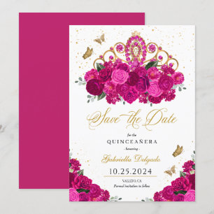 Fuchsia & Gold Tiara Save the Date Quinceañera Einladung