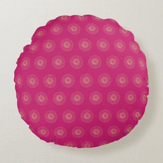 Fuchsia | Golden Zinnia Flower Medallions Rundes Kissen (Vorderseite)