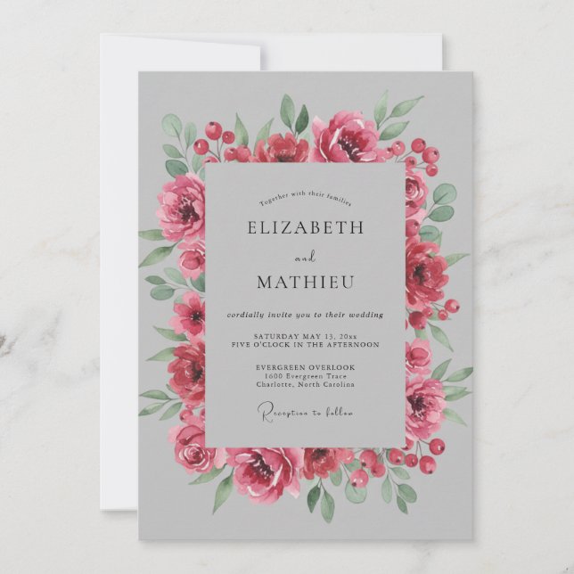 Fuchsia Graue Blütenhochzeit Einladung (Vorderseite)