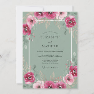 Fuchsia Graue Wildblumen-Hochzeit Einladung