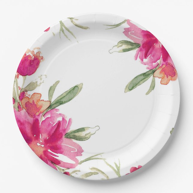 Fuchsia Green Floral Graduation Party Pappteller (Vorderseite)