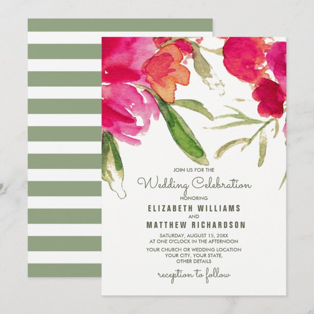 Fuchsia Green Floral Watercolor Wedding Einladung (Vorne/Hinten)