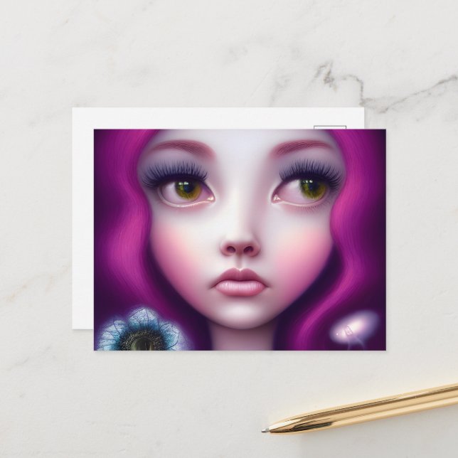 Fuchsia Hair Green Eyes Girl Postkarte (Vorderseite/Rückseite Beispiel)