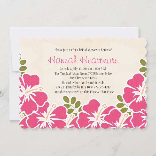 Fuchsia Hibiskus Hawaiian Themed Brautparty Einladung (Vorderseite)