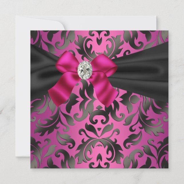 Fuchsia Hot Pink Black Damask Party Einladung (Vorderseite)