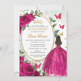 Fuchsia Hot Pink Blumenprinzessin Gold Quinceañera Einladung