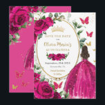 Fuchsia Hot Pink Blütendruckerin Quinceañera Save The Date<br><div class="desc">Personalisieren Sie diesen hübschen fuchsia heiß rosa Blumengebirge Quinceañera / Sweet 16 Geburtstag Save the Date einfach und schnell. Klicken Sie einfach auf die Schaltfläche "Weitere Einstellungen", um die Texte zu bearbeiten, Schriftart und Schriftart zu ändern. Mit einem Mädchen gekleidet in einem schönen glitzernden Fuchsienball-Gown, lebhaften Fuchsia-Rose, Schmetterlinge und einem...</div>