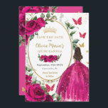 Fuchsia Hot Pink Blütendruckerin Quinceañera Save The Date<br><div class="desc">Personalisieren Sie diesen hübschen fuchsia heiß rosa Blumengebirge Quinceañera / Sweet 16 Geburtstag Save the Date einfach und schnell. Klicken Sie einfach auf die Schaltfläche "Weitere Einstellungen", um die Texte zu bearbeiten, Schriftart und Schriftart zu ändern. Mit einem Mädchen gekleidet in einem schönen glitzernden Fuchsienball-Gown, lebhaften Fuchsia-Rose, Schmetterlinge und einem...</div>
