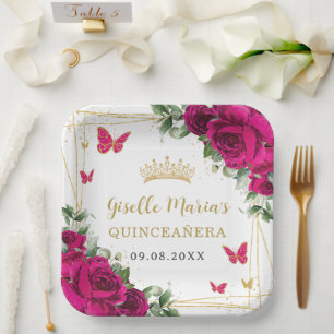 Fuchsia Hot Pink Floral Butterfisch Quinceañera Pappteller