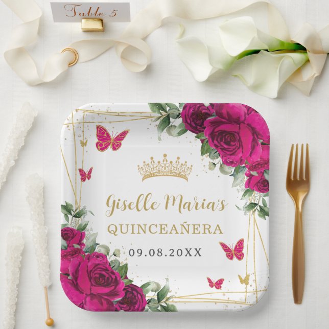 Fuchsia Hot Pink Floral Butterfisch Quinceañera Pappteller (Hochzeit)
