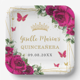 Fuchsia Hot Pink Floral Butterfisch Quinceañera Pappteller