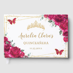 Fuchsia Hot Pink Floral Butterfliegen QUINCEAÑERA Gästebuch