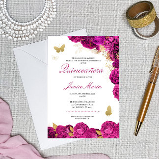 Fuchsia Hot Pink Gold Floral Butterfly Quinceñera Einladung