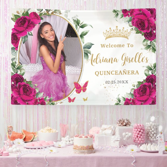 Fuchsia Hot Pink Rose Blumenkohle Foto Banner (Party)