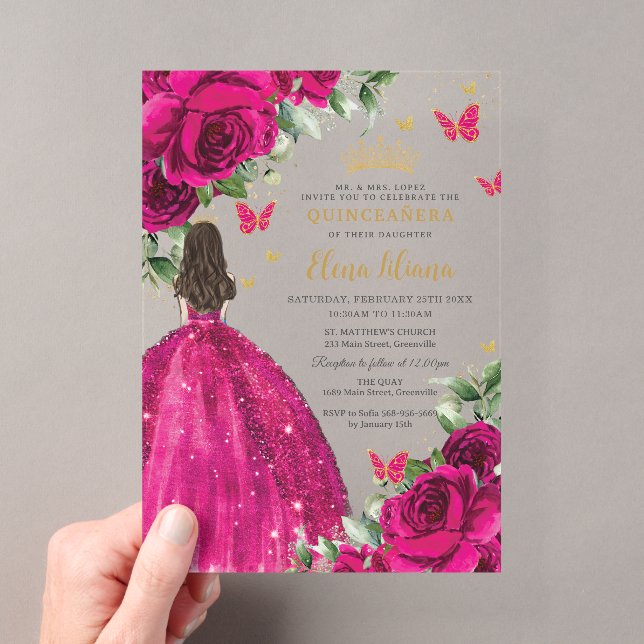 Fuchsia Hot Pink Rose Floral Quinceñera Sweet 16 Acryleinladungen (Insitu (Handheld))