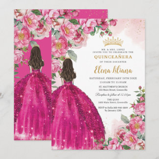Fuchsia Hot Pink Rose Floral Quinceñera Sweet 16 Einladung