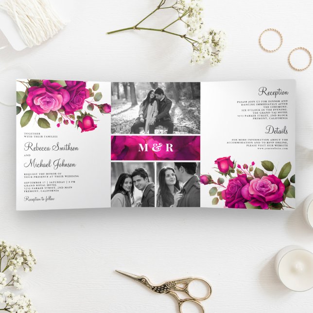 Fuchsia Hot Pink Rose Foto Collage Hochzeit Dreifach Gefaltete Einladung (Von Creator hochgeladen)
