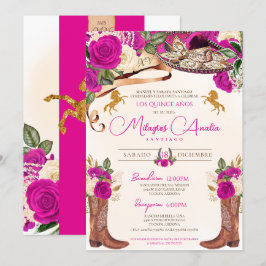 Fuchsia Hot Pink Rose Western Charro Quinceañera Einladung