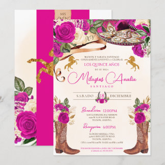 Fuchsia Hot Pink Rose Western Charro Quinceañera Einladung