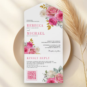 Fuchsia Hot Pink Rosen Floral QR Code Hochzeit All In One Einladung