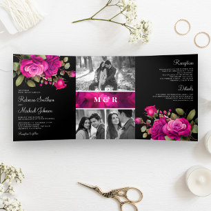 Fuchsia Hot Pink Rosen Foto Collage Schwarze Hochz Dreifach Gefaltete Einladung